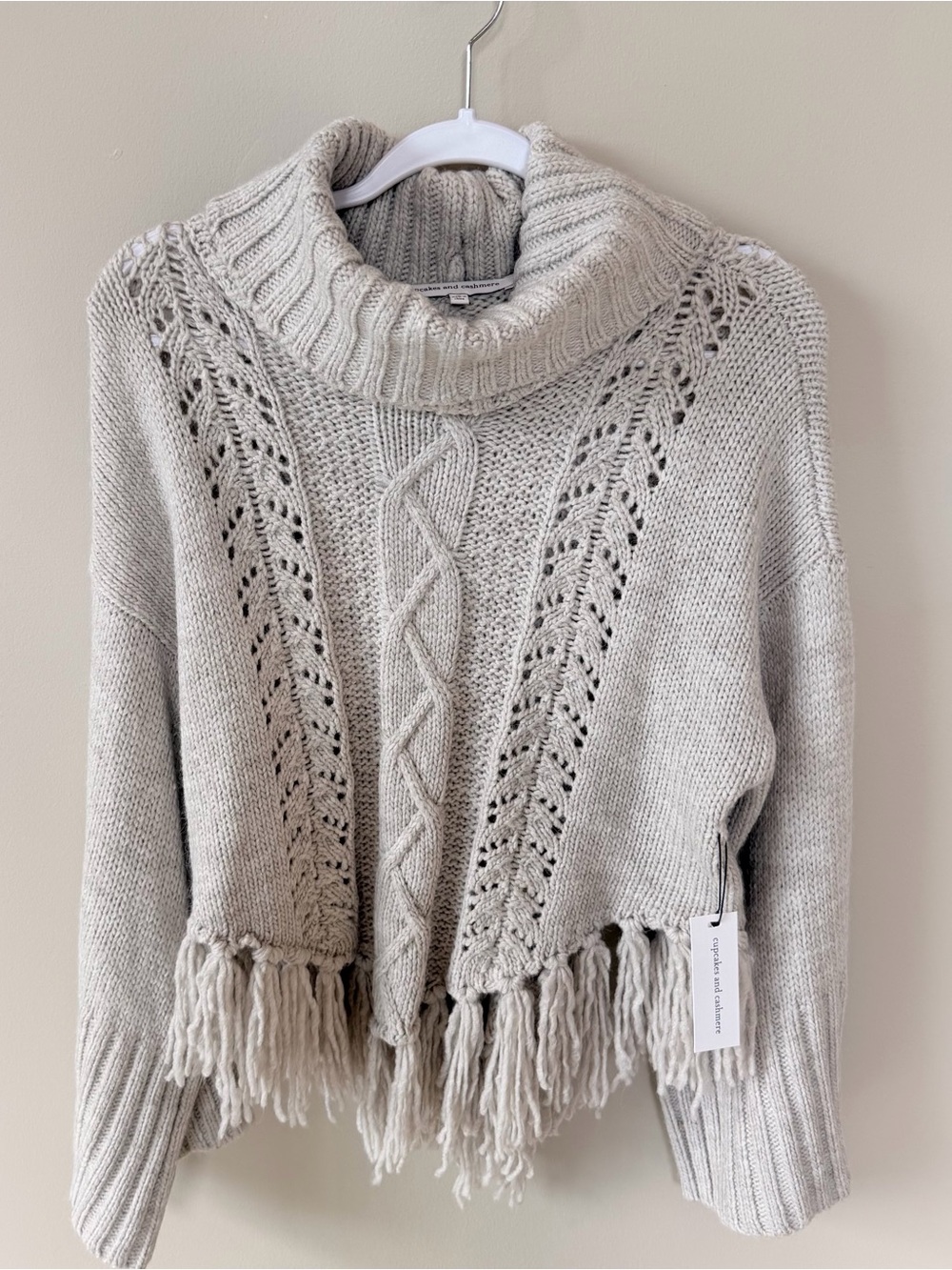 Cupcakes and Cashmere Prilla Fringe Turtleneck Sweater in Latte, Size S NWT